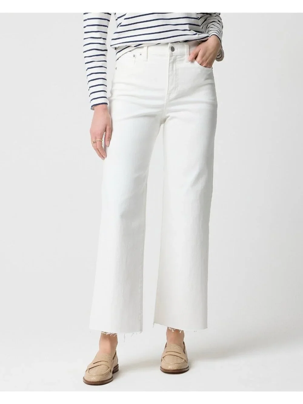 J Crew Womens Wide Leg Cropped Jean 30P 30 Petite White Raw Hem All Day Stretch